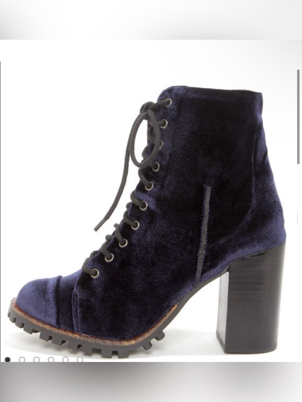 REPORT SIGNATURE ALLON NAVY HIGH HEEL LUG SOLE
VELVET ANKLE LACE UP
BOOTS SIZE 6